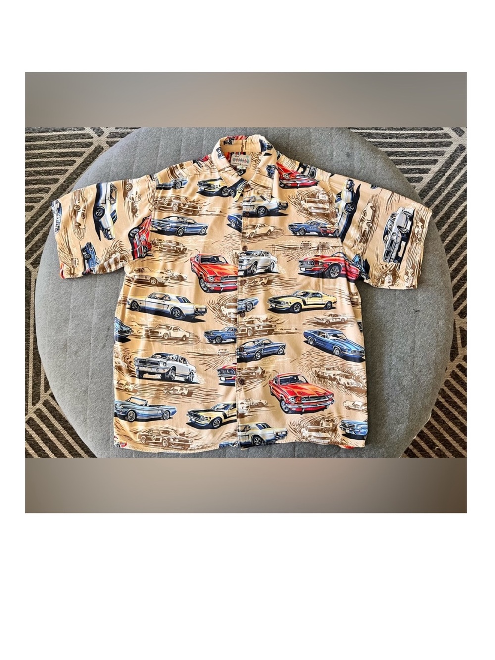 VTG 90s REYN SPOONER Larger Rayon Ford Mustang All Over Print Button-up Shirt